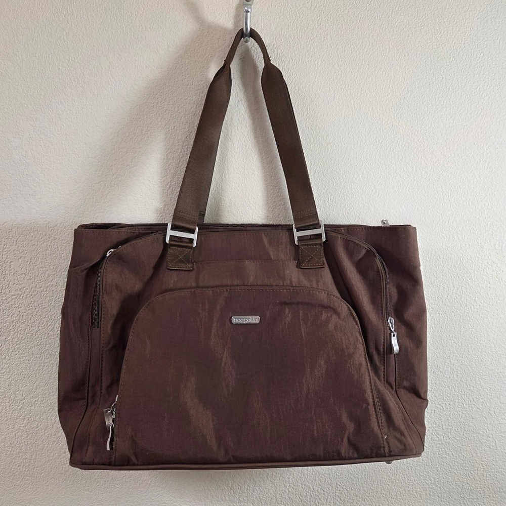 Baggallini Brown Nylon Laptop Tote Bag Red Lining Travel Work Shoulder Bag